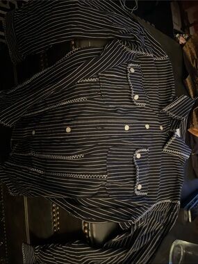 Striped Exetera Button-Front Blouse with Contrast Zigzag Stitching